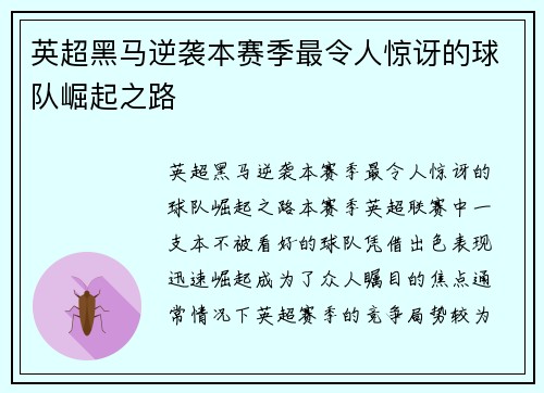 英超黑马逆袭本赛季最令人惊讶的球队崛起之路